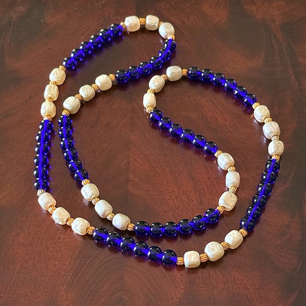Vintage 80’s Cobalt Blue & Pearl Poured Glass Bead Necklace; Gold Tone, 30”